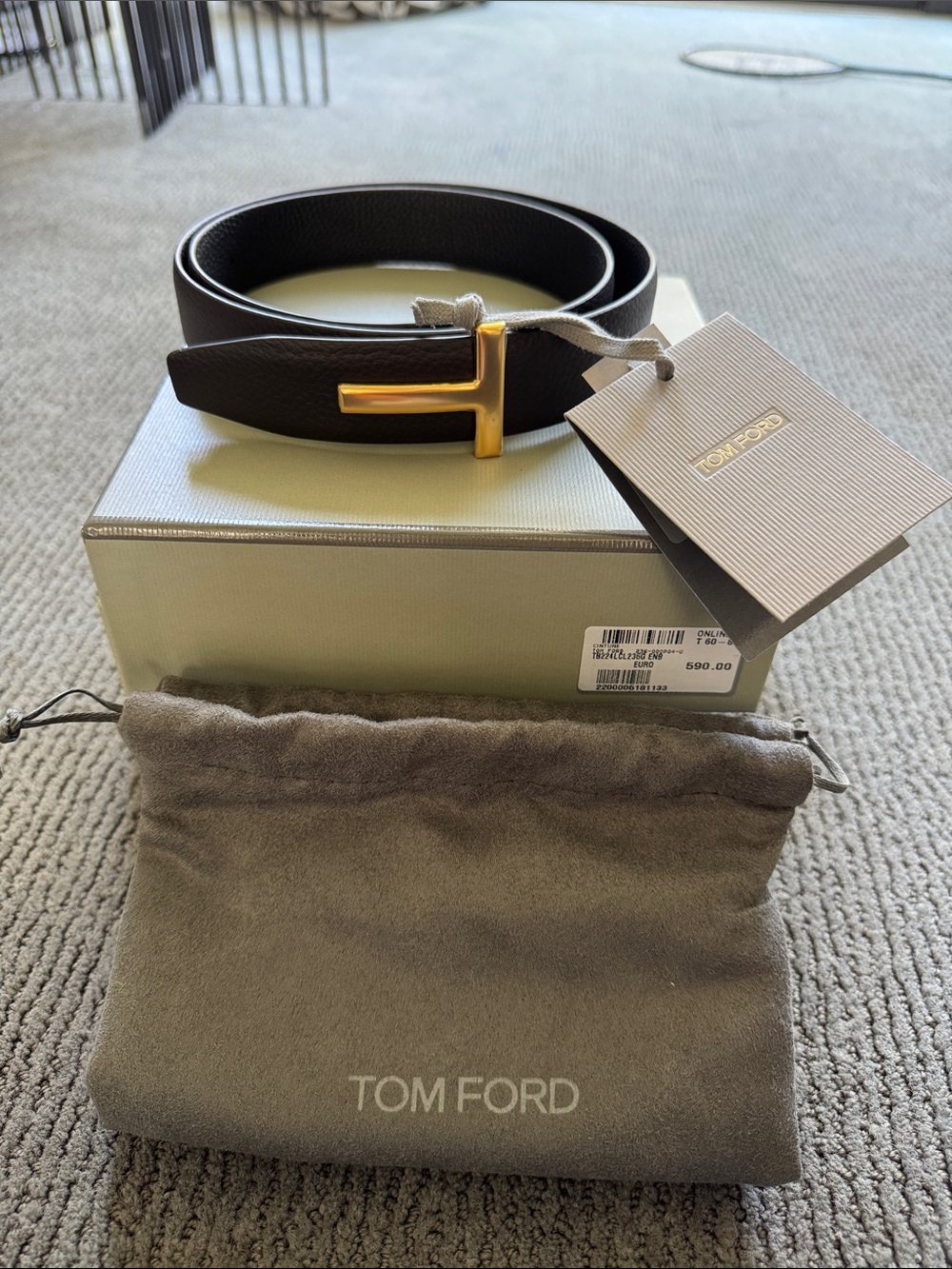 Brand New Tom Ford Dark Brown Leather Belt with Gold T Buckle